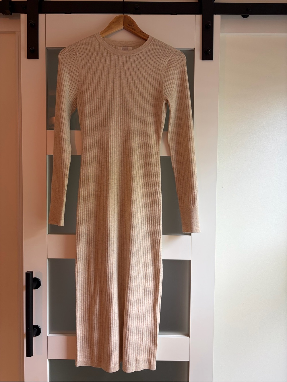 Ribbed Long-Sleeve Midi Dress in Oatmeal